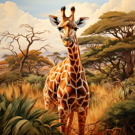 Giraffe in the savanna of Africa - digital painting.の素材