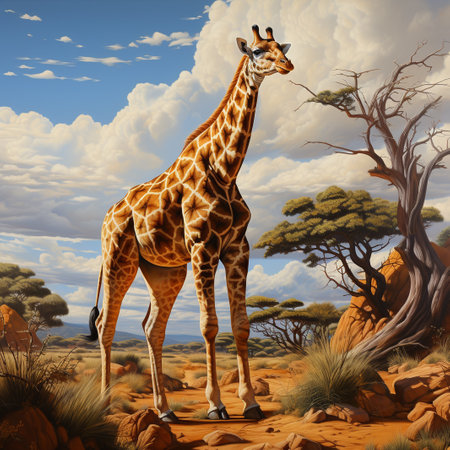 Giraffe in the savannah - 3D render illustration.の素材