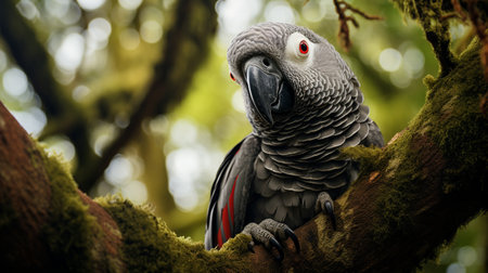 Portrait of a gray parrot on a tree in the rainforestの素材