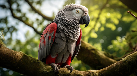 Portrait of a red-and-gray macaw on a branchの素材