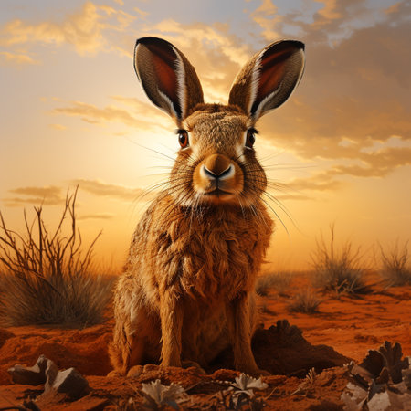 3D rendering of a hare in the desert at sunset.の素材