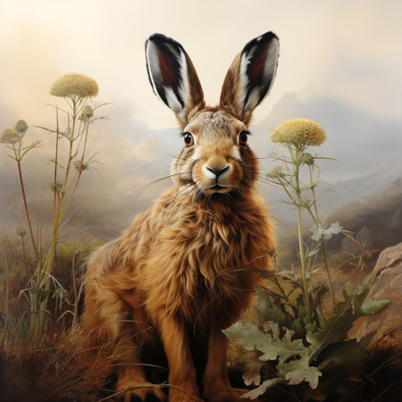 Rabbit on the meadow with dandelions. 3d renderingの素材