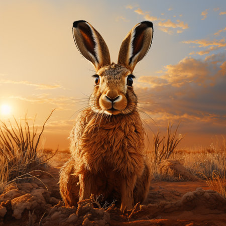 3d rendering of a hare sitting in the desert at sunsetの素材
