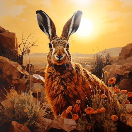 3d rendering of a brown hare on a sunset background.の素材