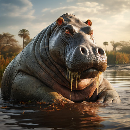 Hippopotamus in the water at sunset, 3D renderの素材