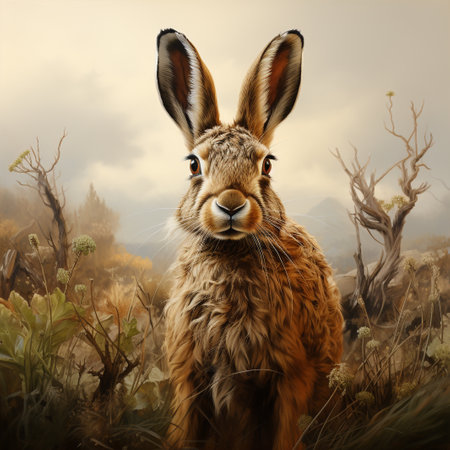 Rabbit on the background of a beautiful landscape. 3d renderingの素材