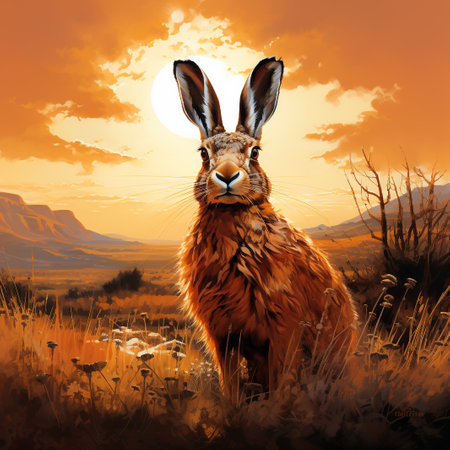 Rabbit in the meadow at sunset. 3D rendering.の素材