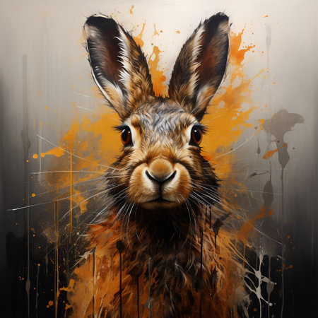 Rabbit with orange paint splashes on a grunge background.の素材