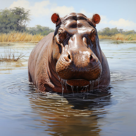 Hippopotamus in the water, 3D render, Africaの素材