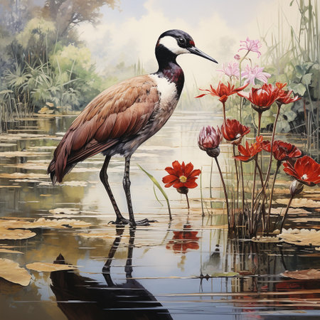 Beautiful bird in the pond with red flowers. Digital painting.の素材