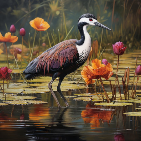 Red crowned crane in the pond with water lilies and red flowersの素材