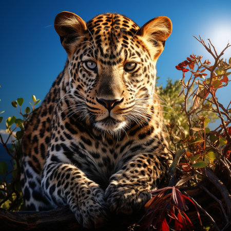 Leopard sitting on a tree trunk in the shade of a bushの素材