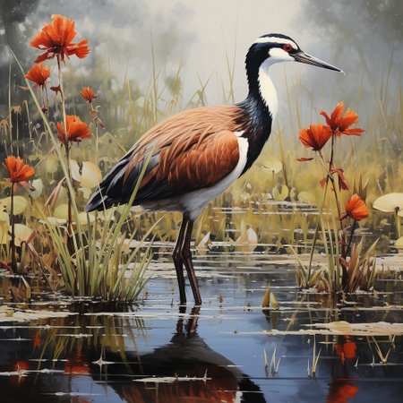 Red-crowned crane in a pond. Digital painting.の素材