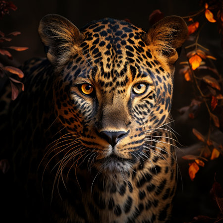 Portrait of a leopard on a background of autumn leaves.の素材