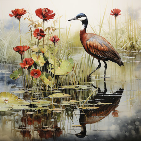 Bird on the lake with red flowers and reflection in water. Digital painting.の素材