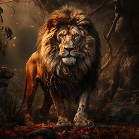 Big male lion in the forest. This is a 3d render illustrationの素材
