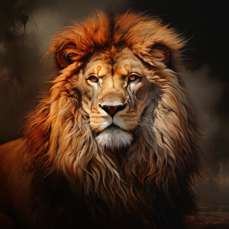 Portrait of a male lion in front of a dark background.の素材