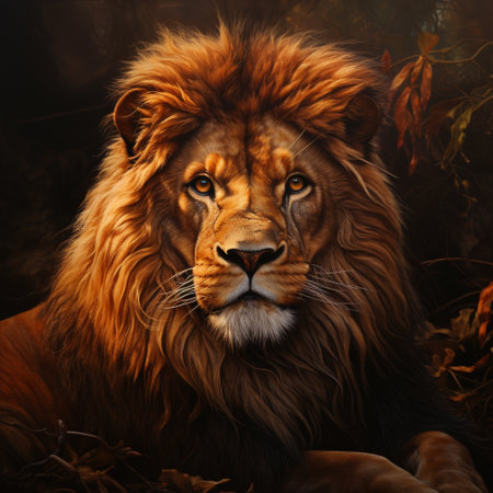 Portrait of a lion in the autumn forest. Animal portrait.の素材