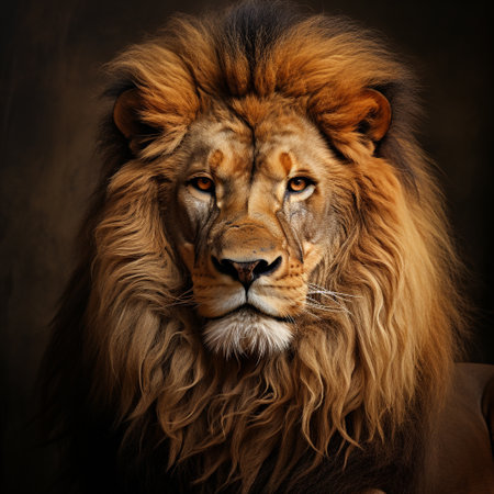 Portrait of a male lion in the studio on a dark background.の素材