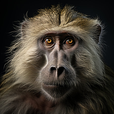 Portrait of a baboon on a black background. Studio shot.の素材