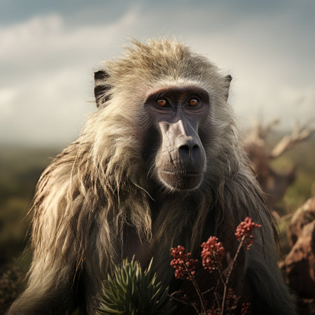 Close-up portrait of a baboon, Papio hamadryasの素材