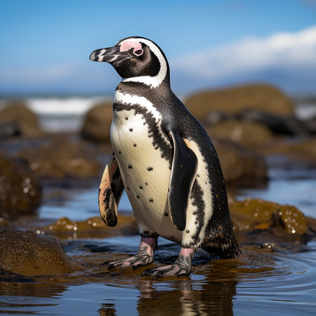 African penguin (Spheniscus demersus) standing in the water, South Africaの素材