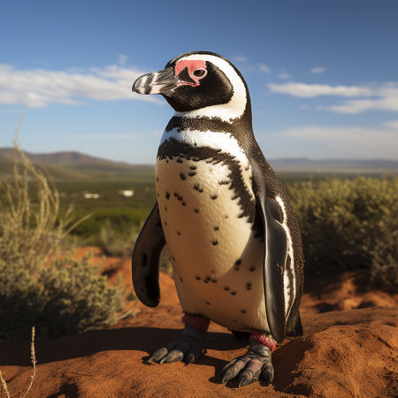 African penguin (Spheniscus demersus) standing on red sand dunes in Namibiaの素材