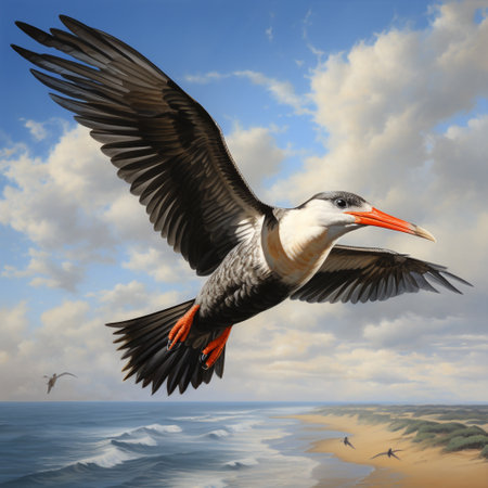 Red-billed gannet flying in the sky over the seaの素材