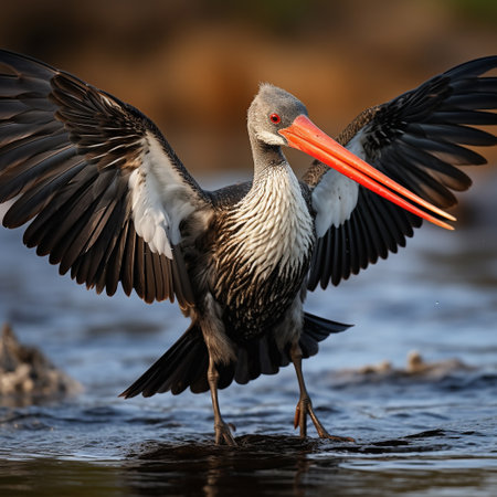 Red-necked stork, Ciconia nigra, single bird in water, Brazilの素材