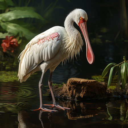 Close up of a white ibis bird standing on a rock in a pondの素材