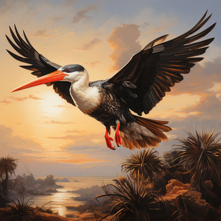 Pelican flying in the sky at sunset. 3d renderingの素材