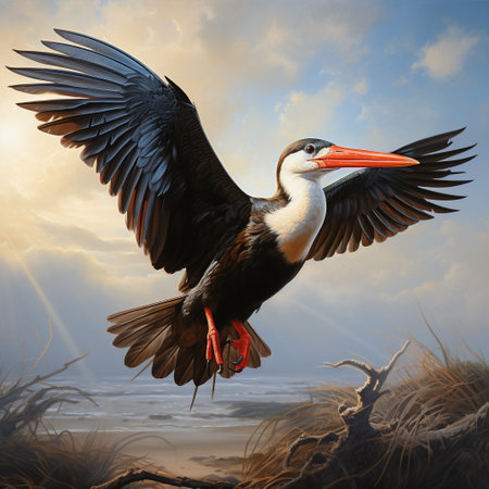 Bird flying in the sky. 3D rendering. Computer digital drawing.の素材
