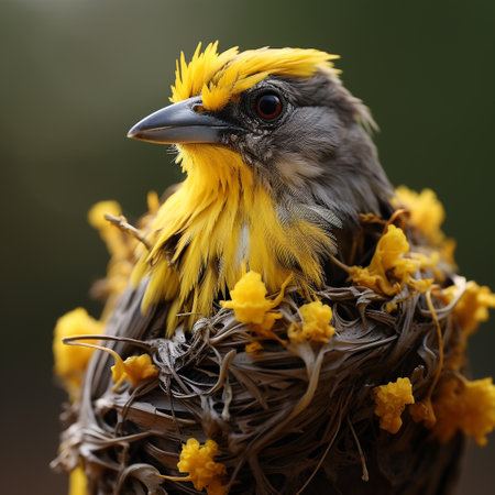 Closeup portrait of a golden weaver bird sitting on a nestの素材