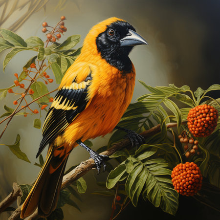 Orange Oriole bird sitting on branch with rowan berries and leavesの素材
