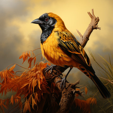 Black and yellow bird sitting on a branch in the forest. 3d renderingの素材