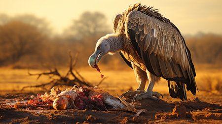 Griffon Vulture eating meat at sunset, Kruger National Park, South Africaの素材