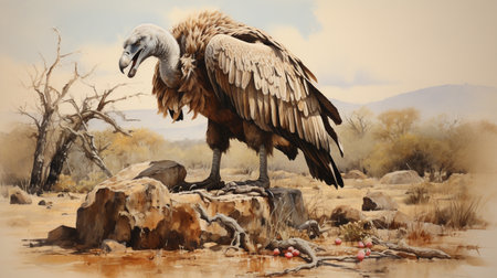 Vulture in the steppes of Kazakhstan. Digital painting.の素材