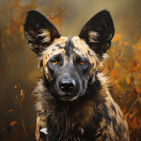 Portrait of a German Shepherd dog in the autumn forest. Digital painting.の素材