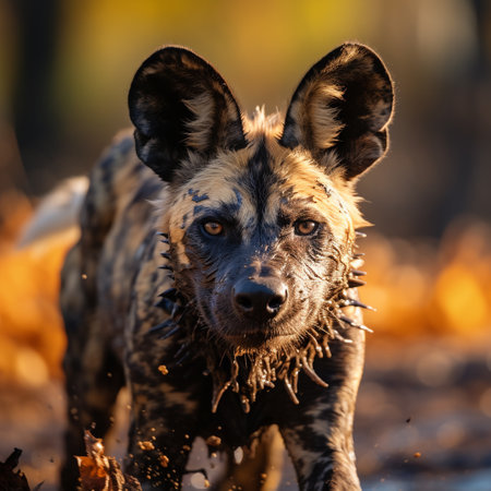 African wild dog (Lycaon pictus) in the autumn forestの素材