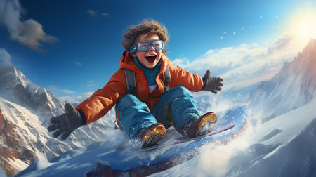Snowboarder on snowboard. Extreme winter sports. 3d renderingの素材
