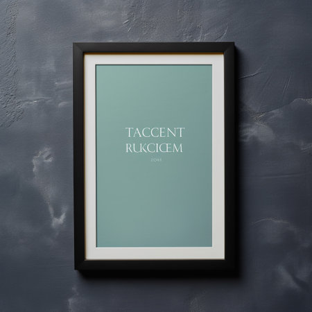 Black picture frame mockup hanging on a gray wall. 3D renderingの素材