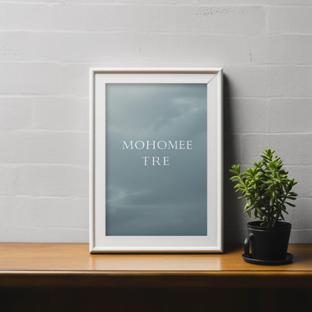 Photo frame mockup on a wooden table and white brick wall backgroundの素材