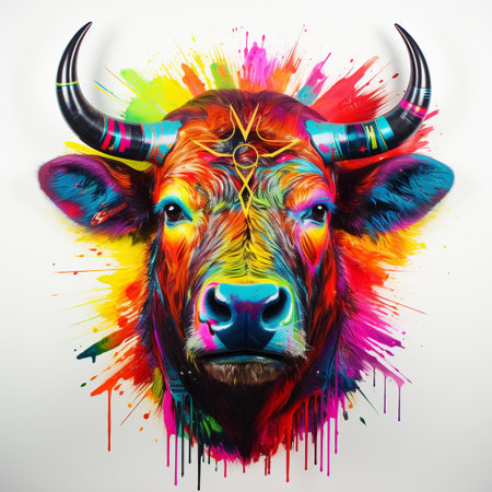 Bull head with colorful paint splashes on white background. Vector illustration.の素材
