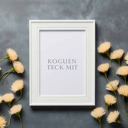 White frame mockup with gypsophila flowers on gray backgroundの素材