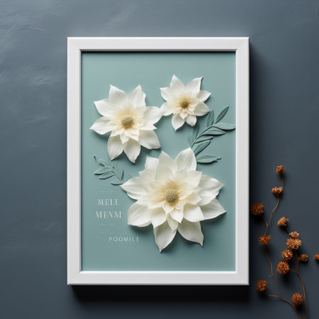 Flowers in frame on blue background. Flat lay, top viewの素材