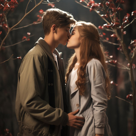Beautiful young couple in love kissing on a background of autumn forest.の素材