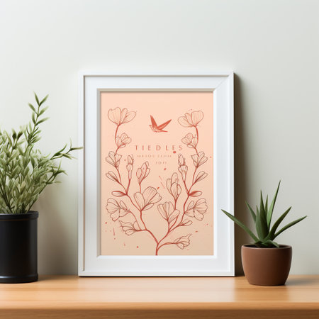 Modern scandinavian interior design with mock up poster frame, plant and butterfly. 3d renderingの素材