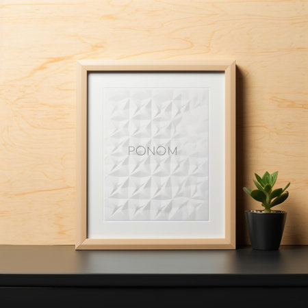 Frame mockup on black table and wood wall background, 3d renderの素材