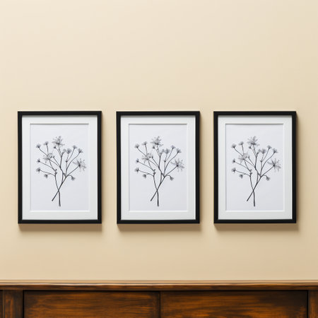 Three black frames on the wall, 3D rendering. Computer digital drawing.の素材