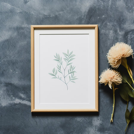 Wooden frame mockup with flowers on gray background. Flat lay, top view.の素材